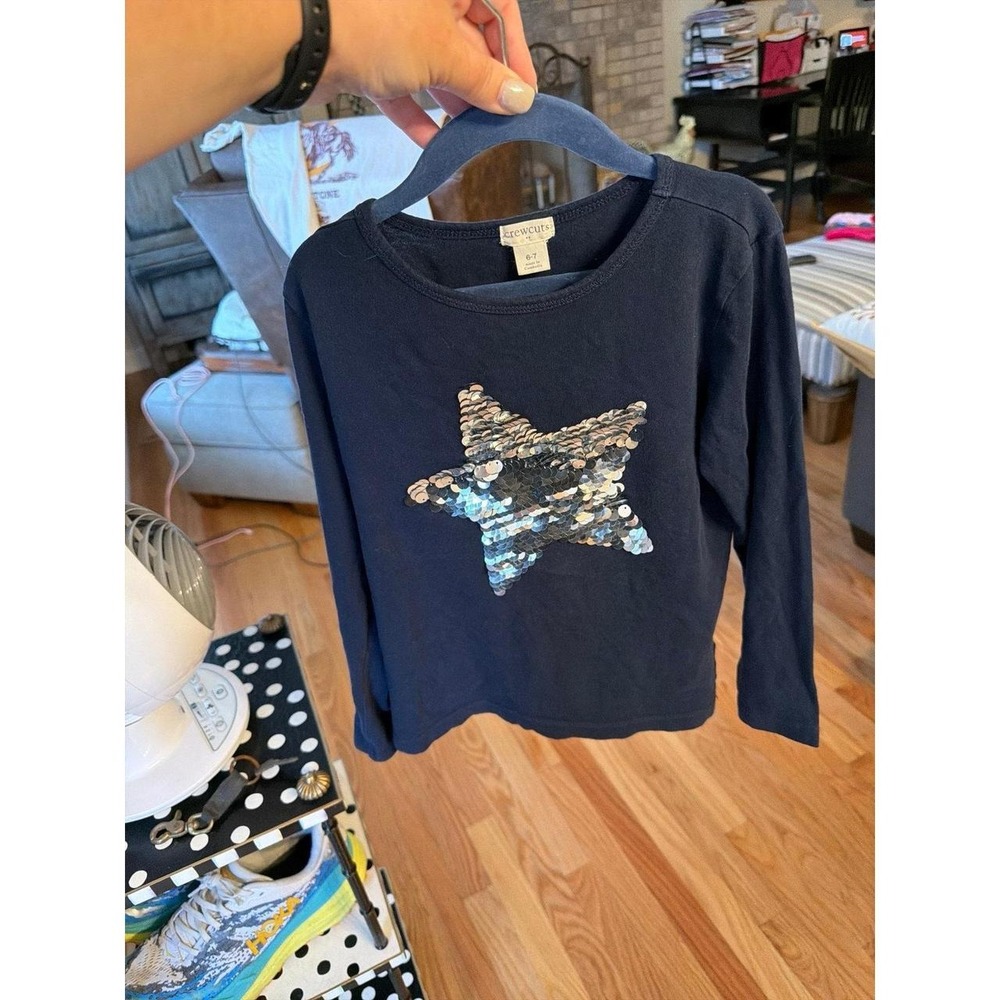 Crewcuts Girls Navy Blue Sequin Star Long Sleeve T-Shirt 6-7